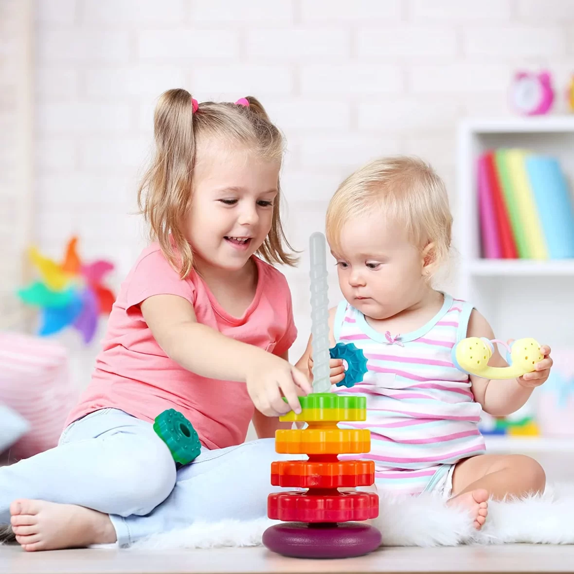 Rainbow Stacking Tower Spinning Multicolored Wheel Toy For Children Education